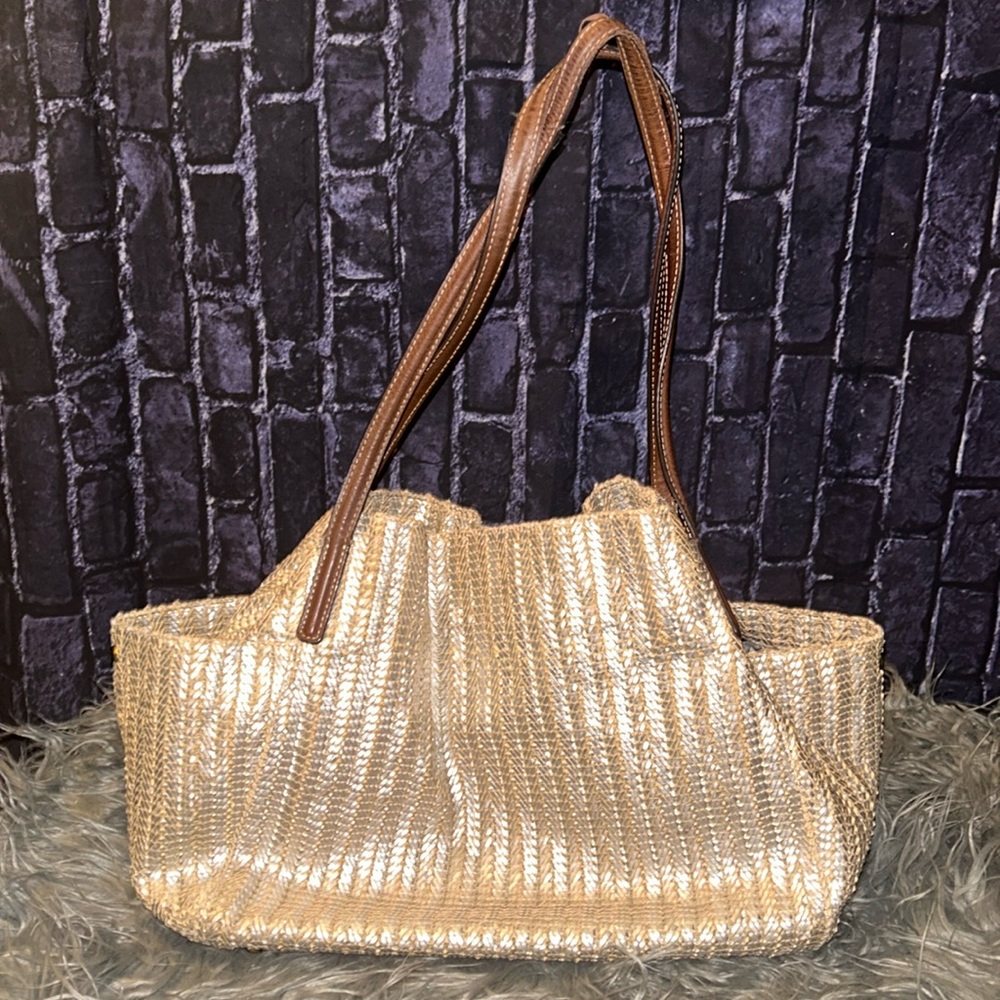 Classic ERIC JAVITS New York AURA Metallic Golden Woven Handbag GUC